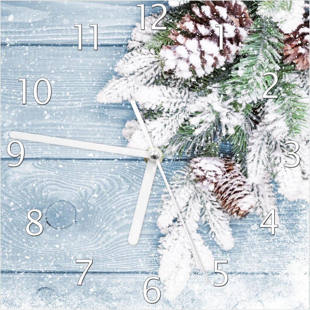Wallario Design Wanduhr Verschneite Tannenzweige auf Holz - Winterdekoration aus Echtglas, Größe 20 x 20 cm