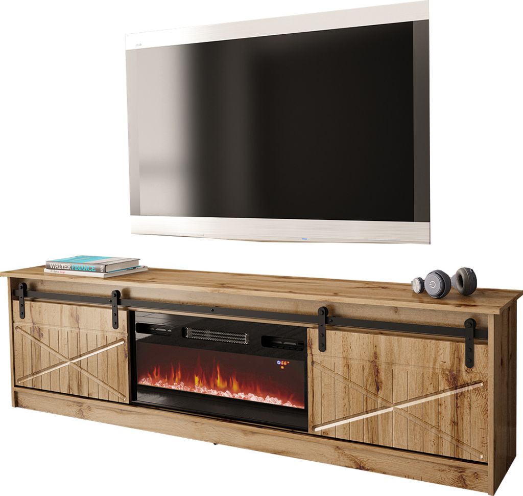 Mirjan24 TV-Lowboard Granero mit Elektrischem Kamin, Stilvoll TV Schrank, Realistische LED-Flamme (Farbe: Wotan, mit Kamin Schwarz)