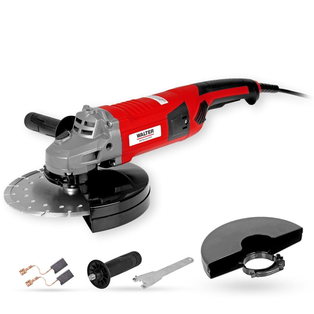 A red and gray angle grinder with a diamond blade, along with its accessories, displayed on a white background.