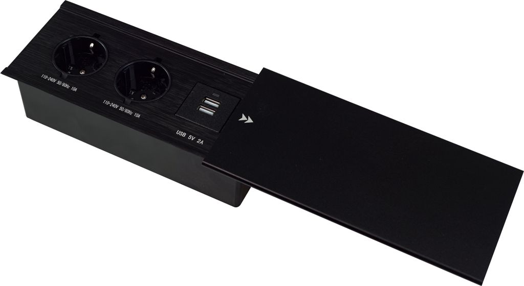 Einbausteckdose Tischsteckdose Küche Wand 2-Fach Steckdose 230V Schuko mit zwei USB-Modulen Schwarz Schiebedeckel
