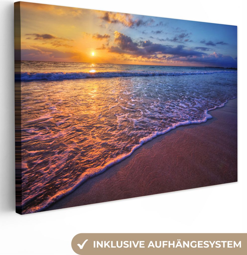 MuchoWow - Leinwandbilder - Meer - Strand - Sonnenuntergang - Wolken - Horizont, Wandbild, Wanddeko Bilder Wohnzimmer, 90x60 cm