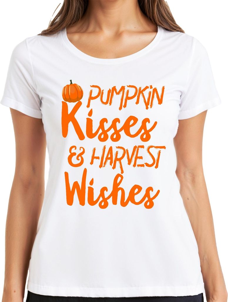 Pumpkin Kisses & Harvest Wishes Kürbis Halloween Herbst Retro Damen T-Shirt, Weiß, 3XL
