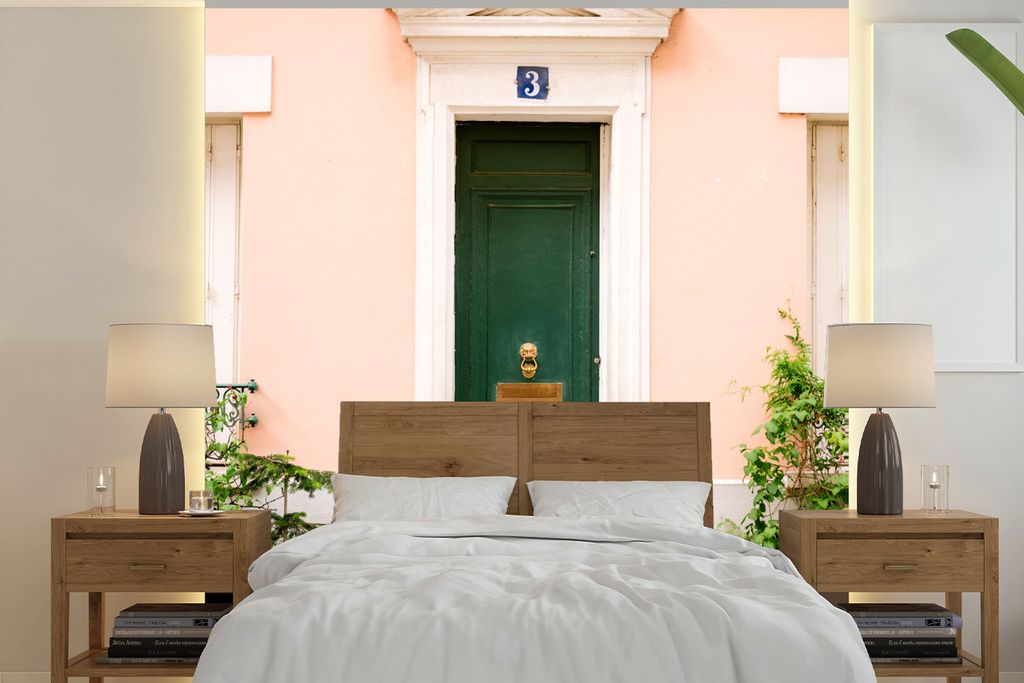MuchoWow Fototapete für Wohnzimmer oder Schlafzimmer Wandtapete Vinyl Motivtapete Paris - Grün - Tür - Pastell - Architektur - 300x300 cm - Wa...