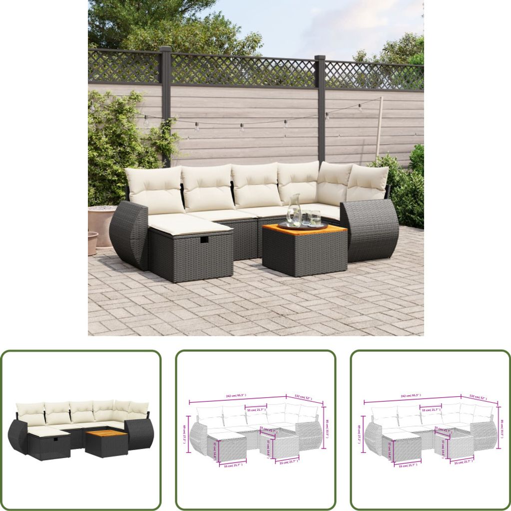 The Living Store 7-tlg. Garten-Sofagarnitur mit Kissen Schwarz Poly Rattan