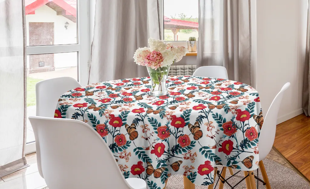 ABAKUHAUS Tovaglia rotonda con fiori e insetti, arte drammatica da giardino, tovaglia circolare per sala da pranzo e decorazione della cucina, 150 cm, vermiglio multicolore