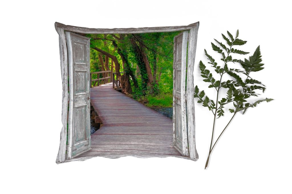 MuchoWow Zierkissen Sofakissen Wohnzimmer Dekokissen 50x50 cm Brücke - Wald - Aussicht - Komfort - Sofakissen