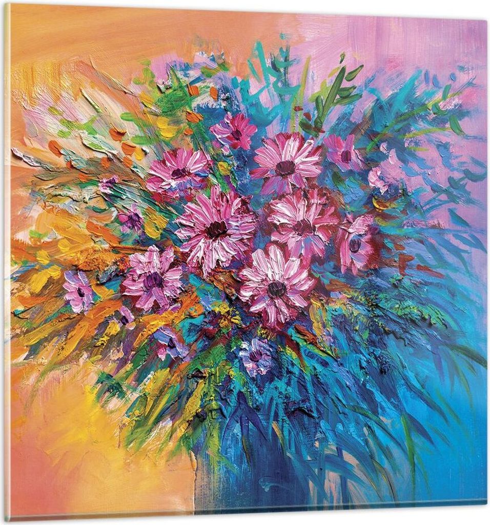 Bilder auf glas - Einteilig - Blumenstrauß Blumen Öl - 30x30cm - Glasbilder - Wandbilder - Bilder - zum Aufhängen bereit - Wanddekoration aus Gl...