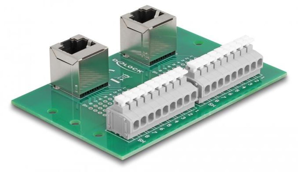 Delock RJ45 2 x Buchse zu 2 x Terminalblock mit Drucktaster für Hutschiene gewinkelt (66995)