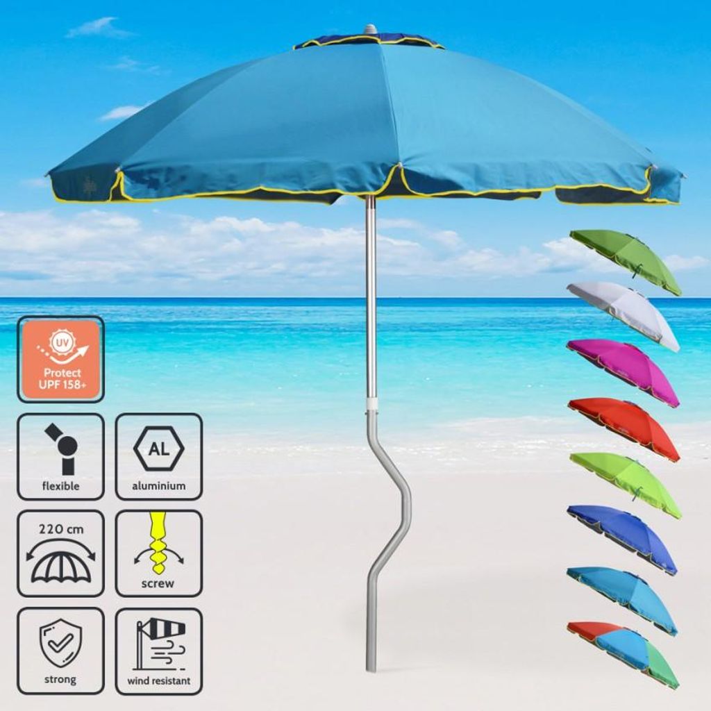 A blue beach umbrella is shown on a sandy beach with the ocean in the background. Several other colored umbrellas are displayed to the right.