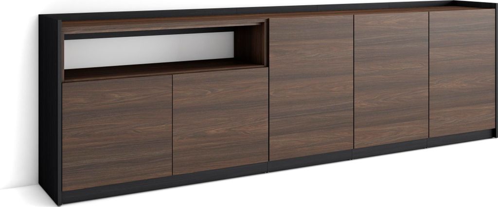 Sideboard, Highboard, 260x37x80cm, 5 Türen, Wohnzimmer, Küche, Dunkler Eiche und Schwarz
