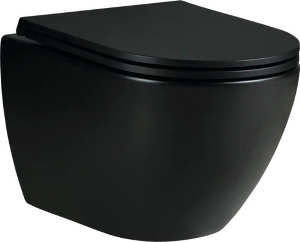 A black wall-mounted toilet.