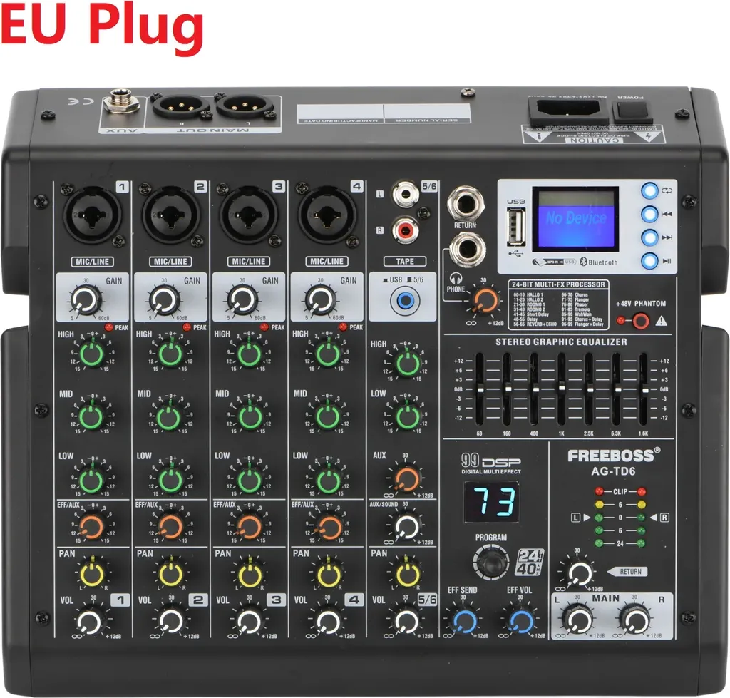 Console de mixage 6 canaux compacte avec processeur 99 effets et EU