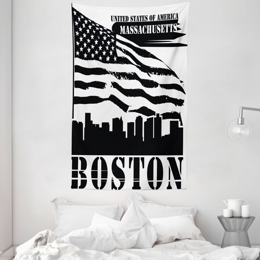 ABAKUHAUS Boston Wandteppich und Tagesdecke, Flatternde Grungy Flagge aus Weiches Mikrofaser Stoff Waschbar ohne Verblassen Digitaldruck, 140 x 230...