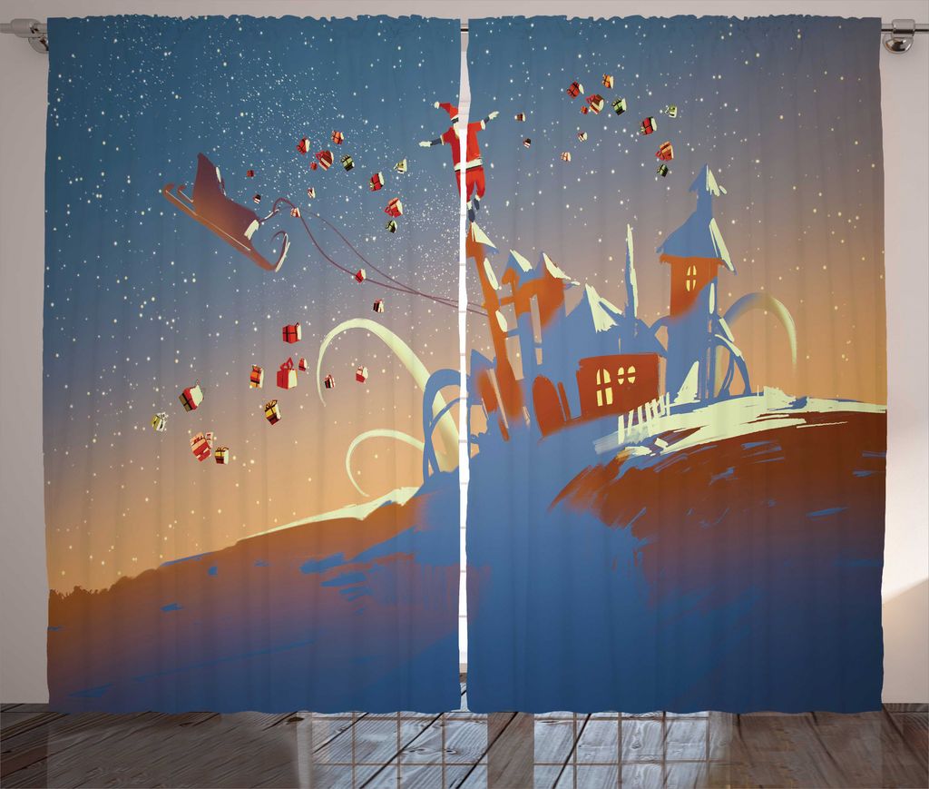 ABAKUHAUS Weihnachten Rustikaler Vorhang, Weihnachtsmann und Geschenk, Wohnzimmer Universalband Gardinen mit Schlaufen und Haken, 280 x 175 cm, Meh...