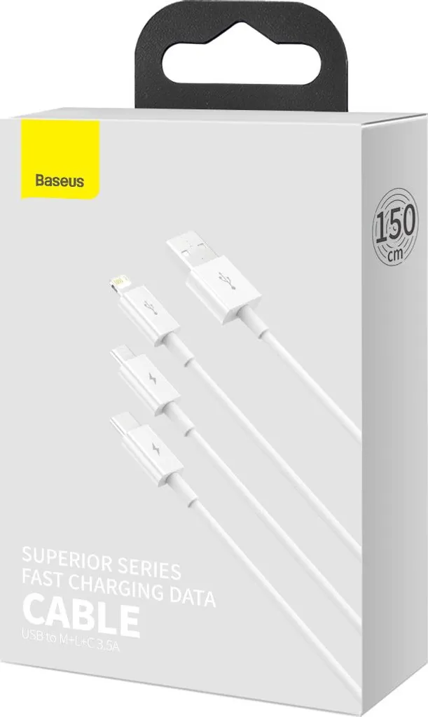 Baseus Cavo 3 in 1 USB a Lightning Micro USB e Type-C 3.5A 1M Bianco - 7