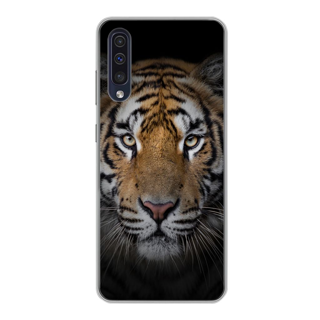 MuchoWow Handyhülle Schutzhülle Hülle für Samsung Galaxy A30s Tiger - Wildtiere - Porträt - Schwarz - Tiere Silikon Softcase Handy Hülle - ...