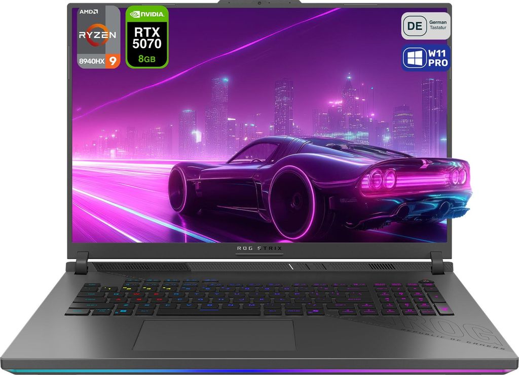 ASUS ROG Strix G18 Gaming Laptop, Ryzen 9-8940HX, 18" WUXGA (1920x1200), RTX5070, RGB QWERTZ Tastatur, 64 GB RAM | 4 TB SSD