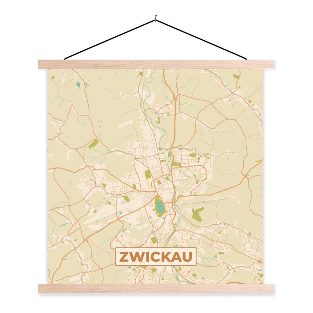 MuchoWow Textilposter Zwickau - Karte - Vintage - Stadtplan 40x40 cm mit holzfarbenen Rahmen - Posterleiste