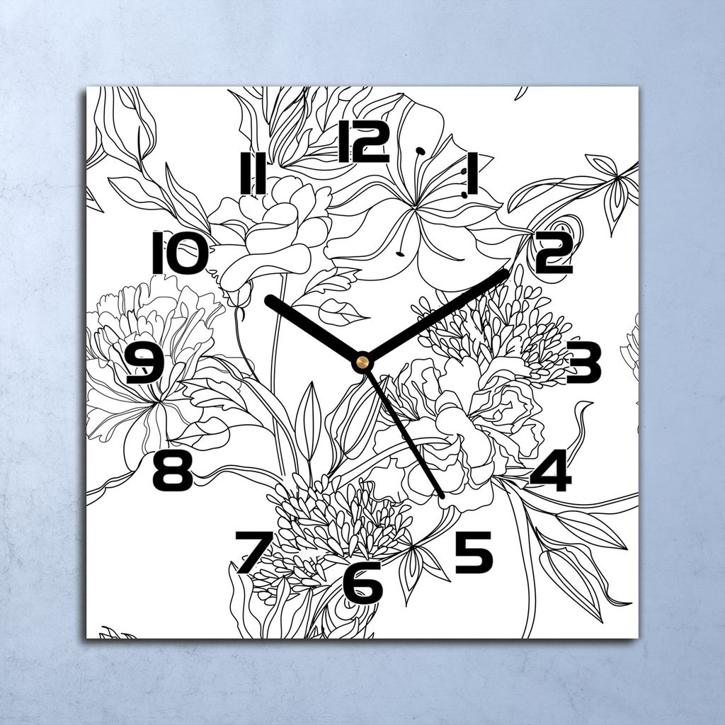 Wanduhr Echt-Glas-Küchenuhr Weiße und schwarze Blumen Quarz 30x30 Deko Bilder