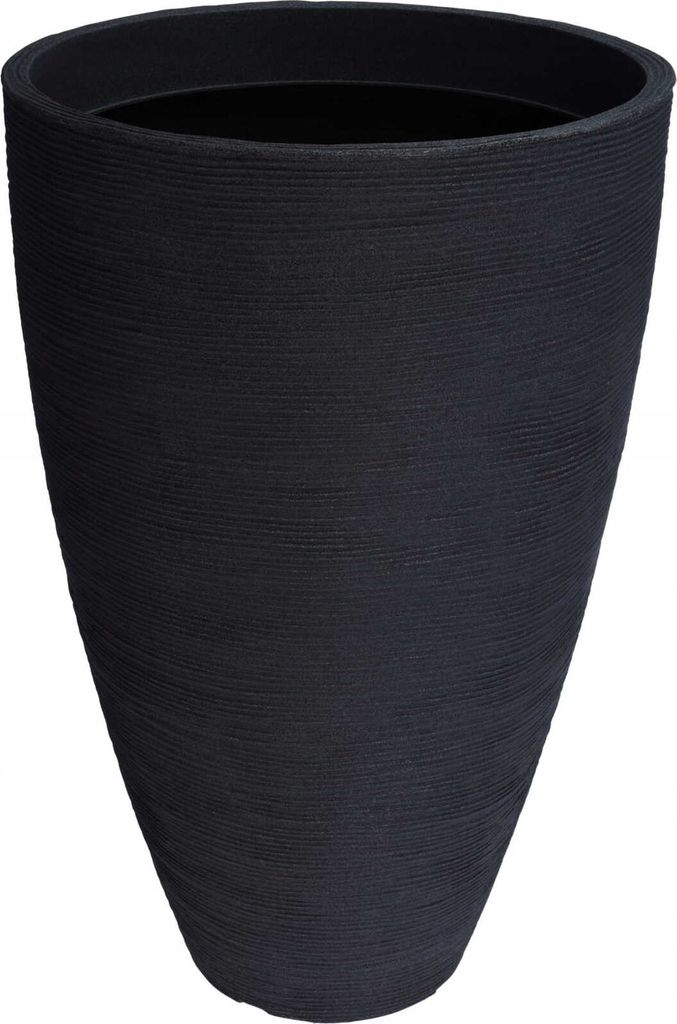 A tall, dark grey planter with a textured surface.