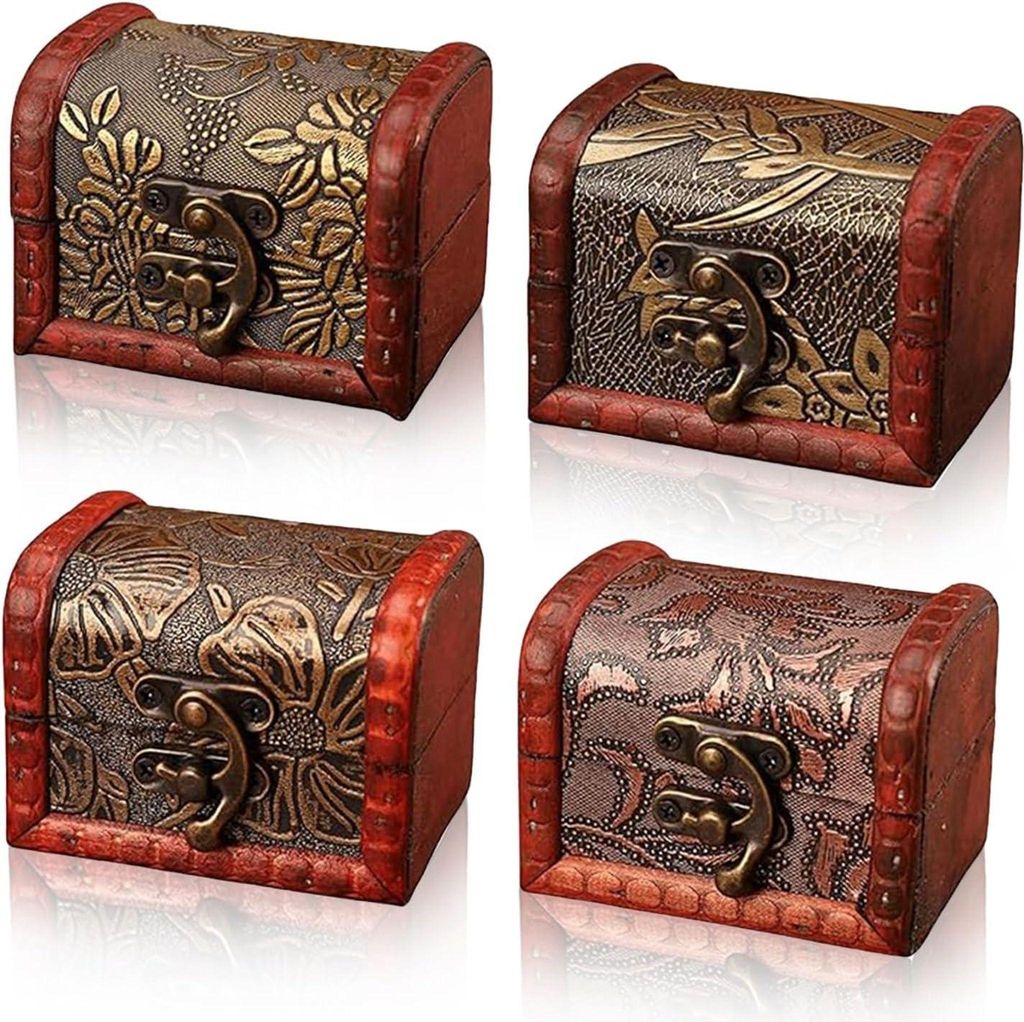 4 Stück, kleine Retro-Holzkiste, Mini-Holztruhe, Vintage-Holzkiste, kleine Vintage-Holzkiste, kann zur Aufbewahrung von Halsketten, Ohrringen, Rin...