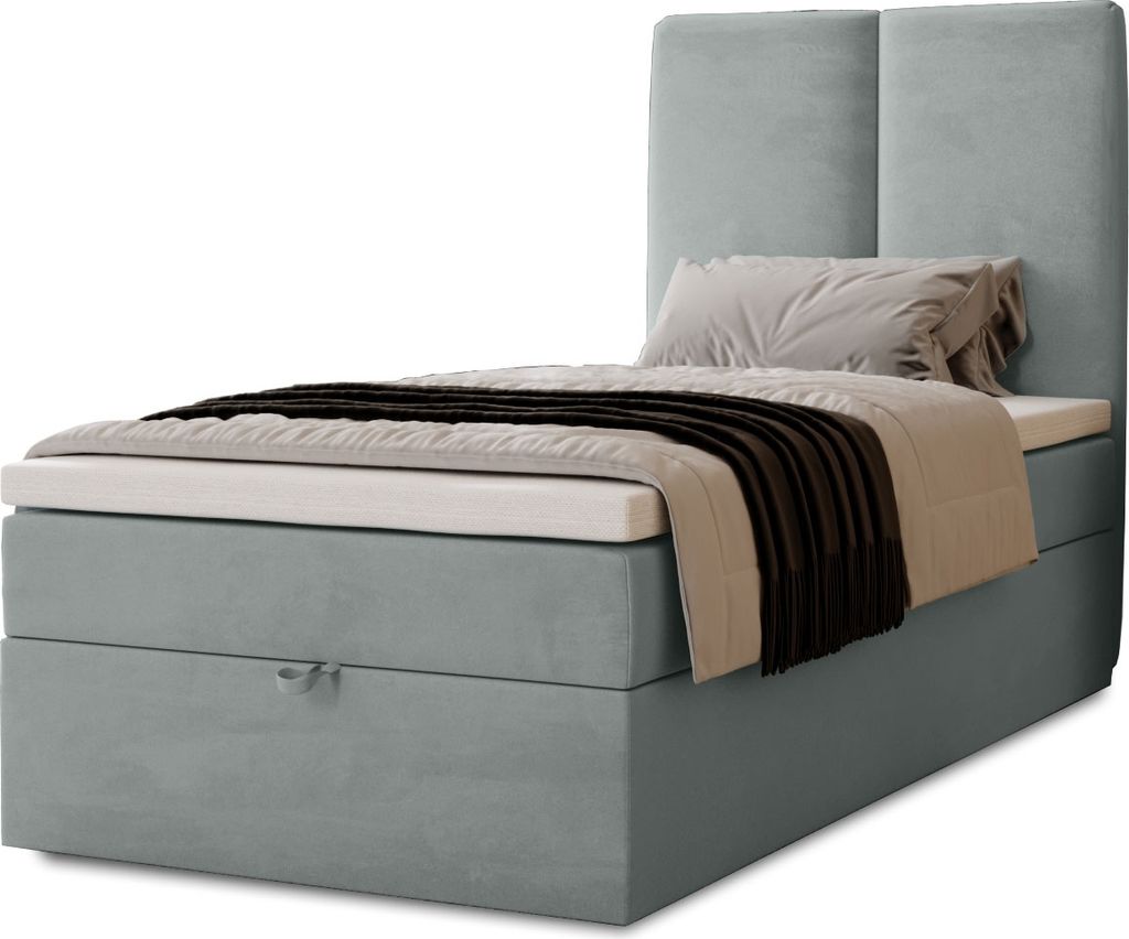 Boxspringbett Malmo mit Bettkasten, 90x200, Farbe: Grau, Velourstoff, Doppelbett mit Bonell-Matratze inkl. Topper