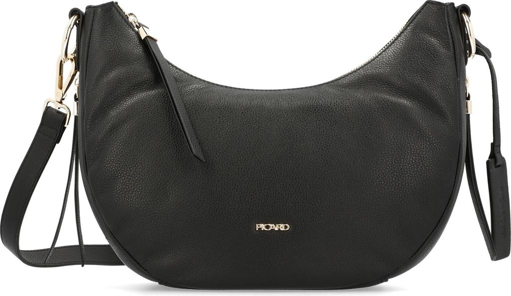 A black leather handbag is shown against a white background.