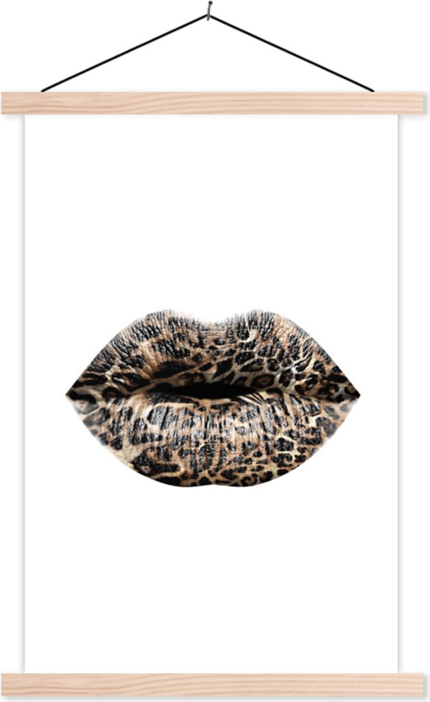 MuchoWow Textilposter Lippen - Tigerdruck - Weiß 120x180 cm mit holzfarbenen Rahmen - Textil-Plakat