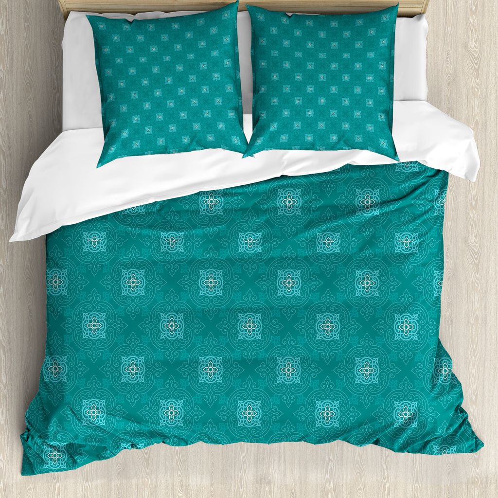 ABAKUHAUS marokkanisch Bettbezug, Timeless Orient Motive, Milbensicher Allergiker geeignet mit Kissenbezügen, 155 cm x 220 cm - 80 x 80 cm, Teal B...