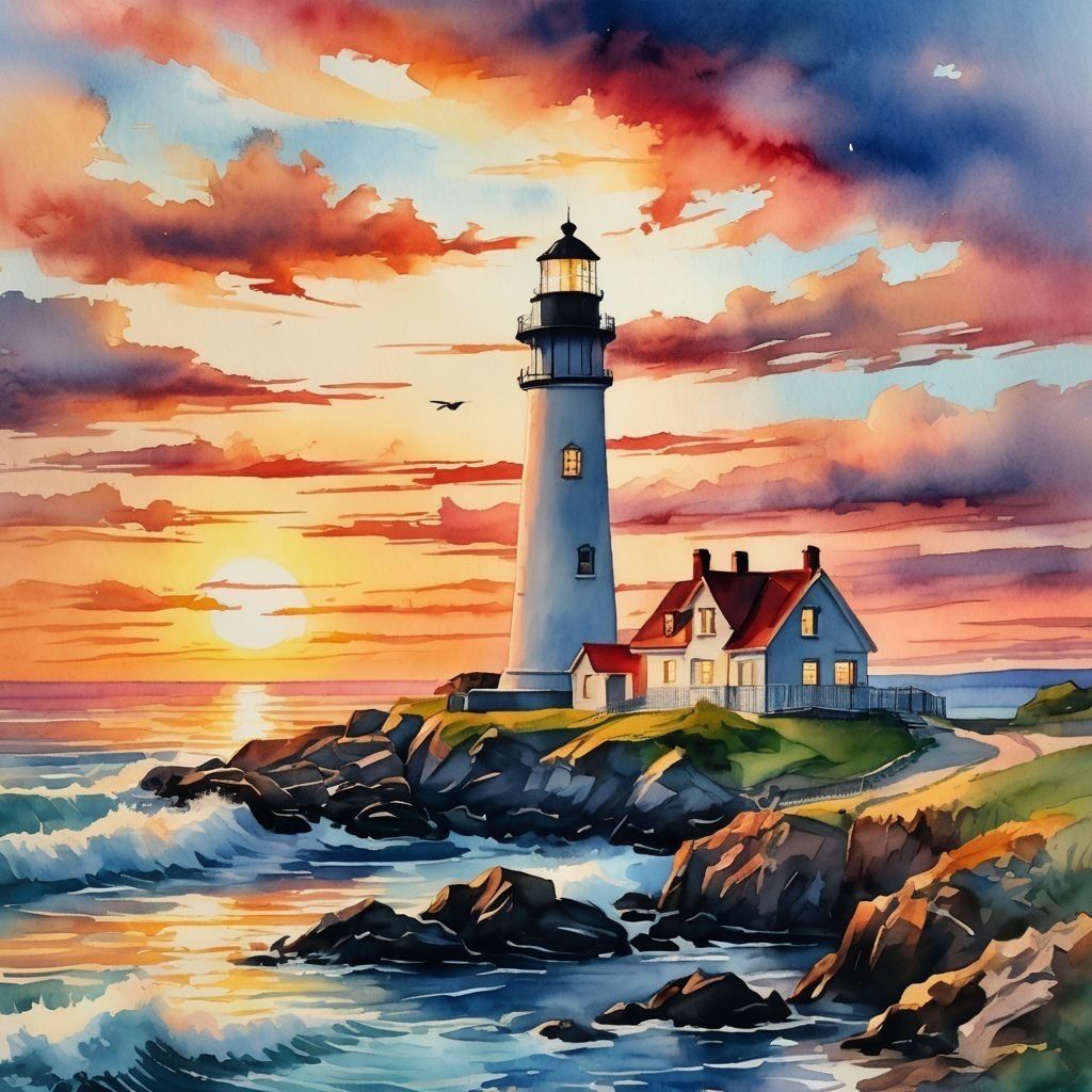 A watercolor painting of a lighthouse on a rocky coast at sunset.