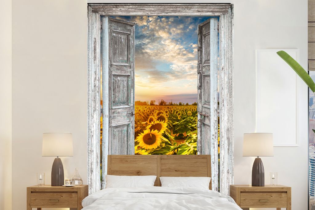 MuchoWow Fototapete für Wohnzimmer oder Schlafzimmer Wandtapete Vinyl Motivtapete Transparent - Sonnenblume - Blumen - Sonne - 195x300 cm - Das ...