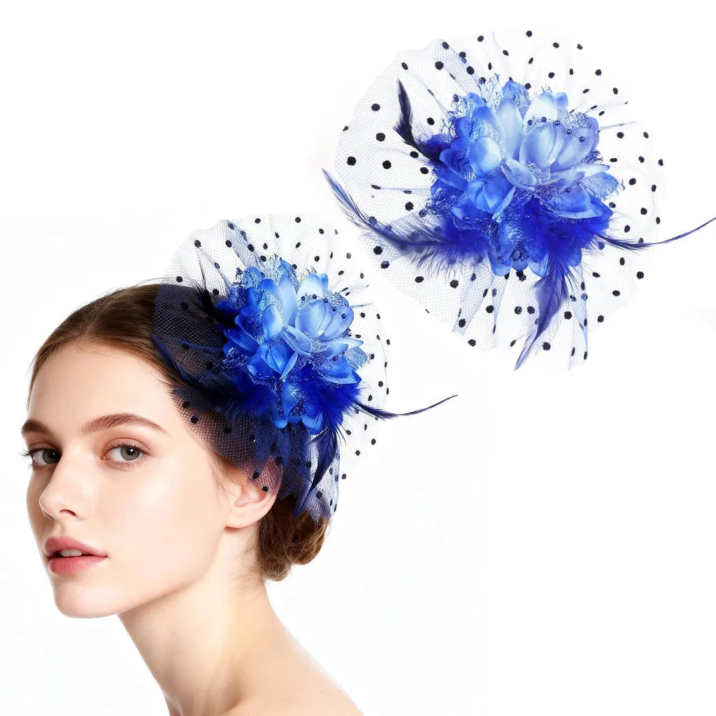 Barrette à cheveux années 1920 avec plumes et fleurs bleues vintage