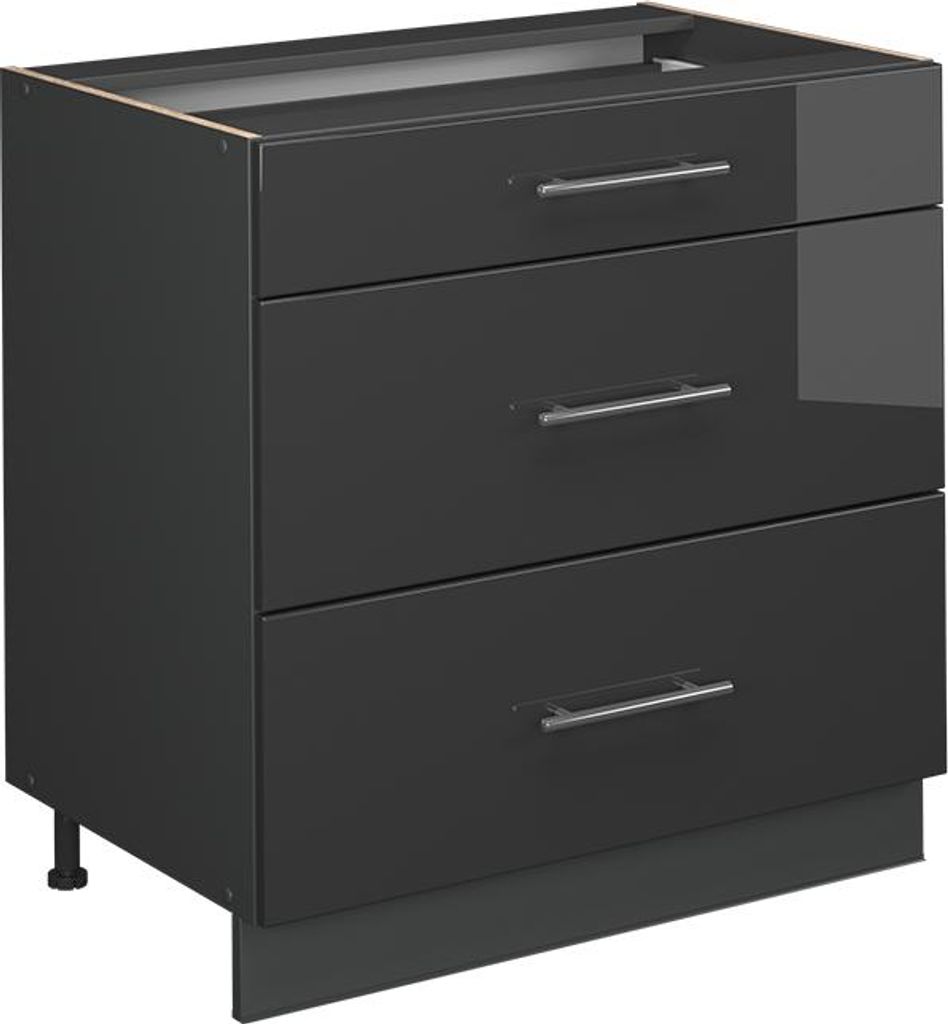 Vicco Küchenunterschrank Fame-Line, 80 cm mit 3 Schubladen, ohne Arbeitsplatte, Anthrazit Hochglanz/Anthrazit