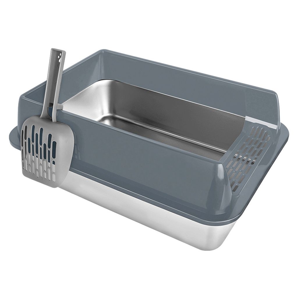 Katzentoilette aus Edelstahl offene Oberseite mit Schaufel und leicht zu reinigen 60*40*30cm Grau