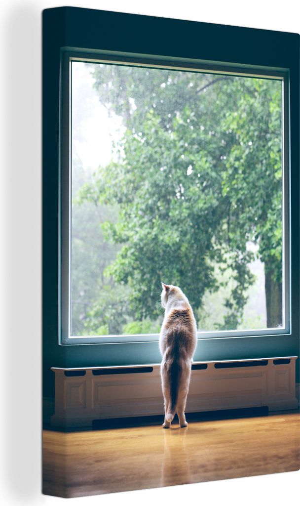 OneMillionCanvasses - Leinwandbilder - 90x140 cm, Katze - Fenster - Pflanzen, Wandbilder Kunstdruck Wanddekoration - Wandschmucke - Schlafzimmer