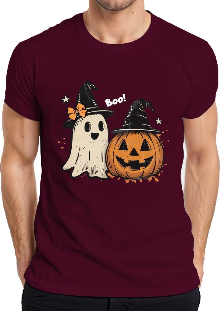 Boo Halloween Kürbis Geist niedlich Hexenhut Retro Vintage Süß Herren T-Shirt, Burgundy, L