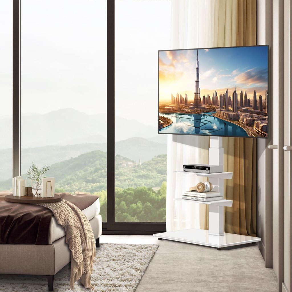 RFIVER Weißer TV Bodenständer TV Standfuß mit 3 Ablagen für 32-70 Zoll Fernseher Max VESA 400x400 mm bis 50 kg
