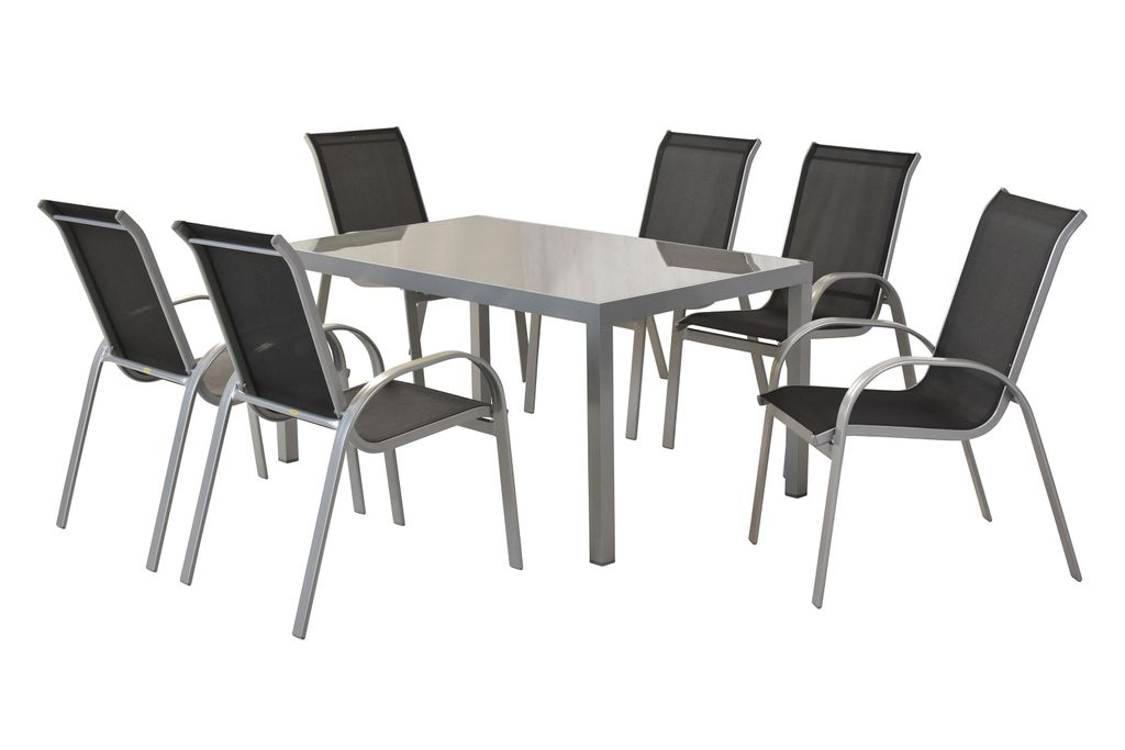A set of outdoor furniture, including a table and six chairs, displayed against a white background.