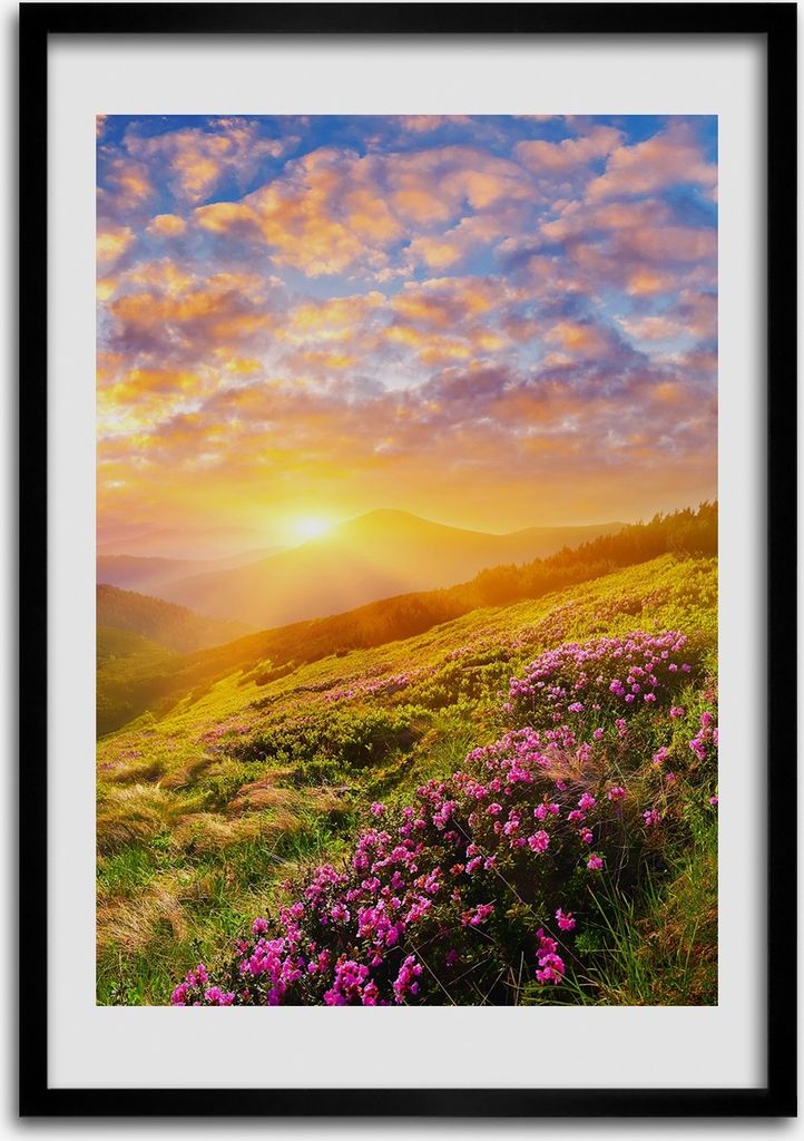 Bild - Bilderrahmen - 50 cm x 70 cm - MDF - Rahmen - Wandkunst Sonnenuntergang Berge