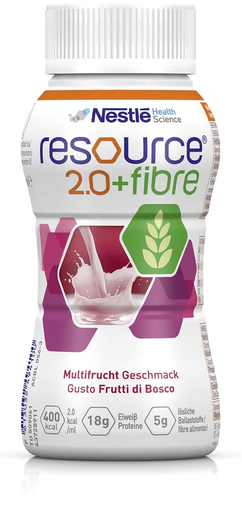 Nestlé Resource 2.0 + fibre hochkalorische Trinknahrung mit Ballaststoffen bei Mangelernährung mit Multifrucht-Geschmack, 800 ml Lösung