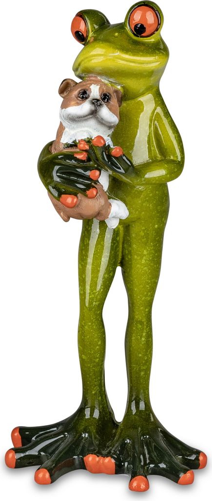 Deko Frosch Mann mit Hund Bulldogge Lurch Gecko Echse Mops Figur Skulptur König