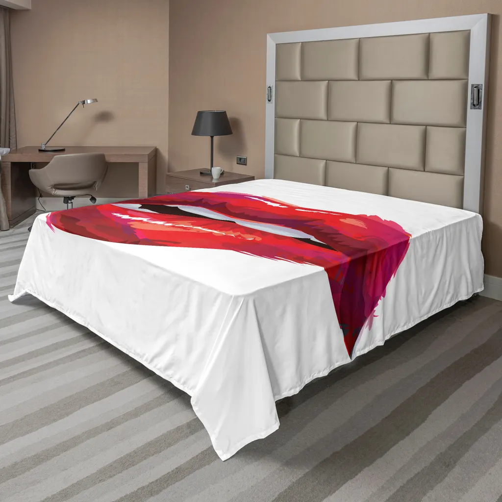 Drap de lit supérieur imprimé lèvres féminines 244x205 cm rose et blanc