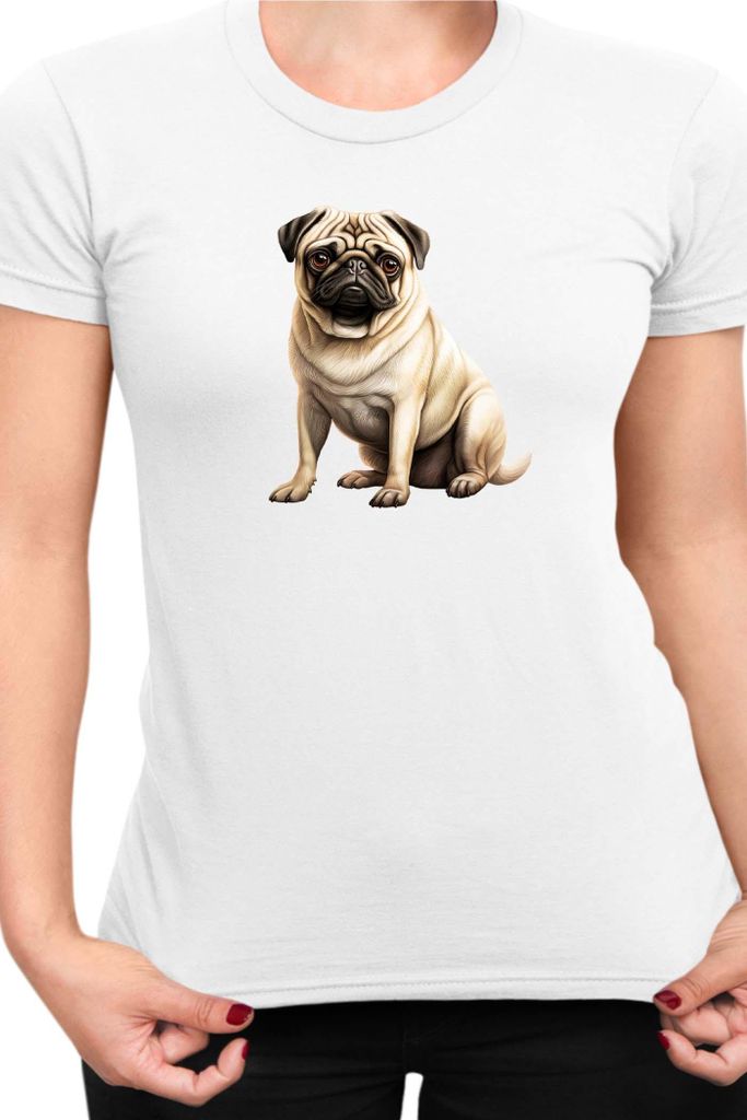 Damen T-Shirt Dogs Breeds Pug Dog Breed 008, Lady XL / Weiß