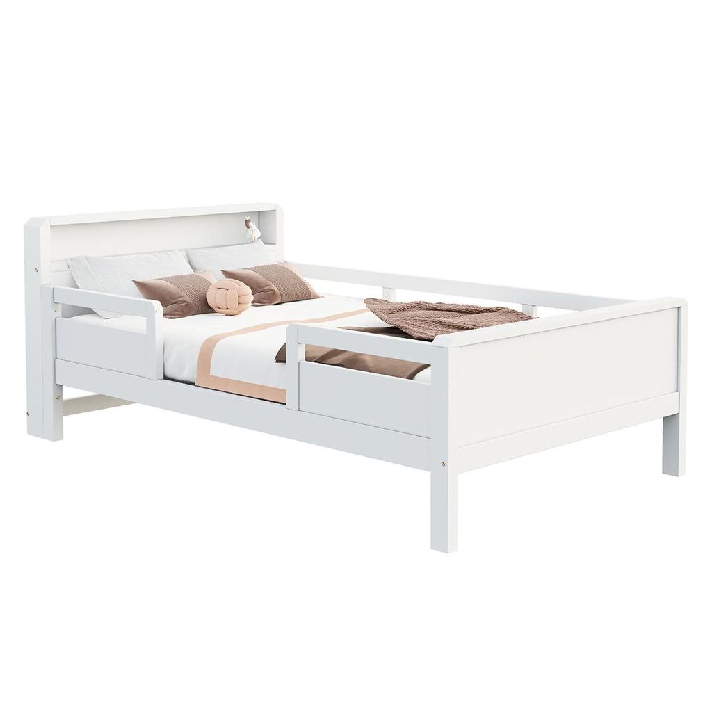 Holzbett mit LED-Leuchte USB- und Tape-C-Kombi-Steckdose Bettgestell Nachttischen Massivholzbett 90 x 200 cm Weiß