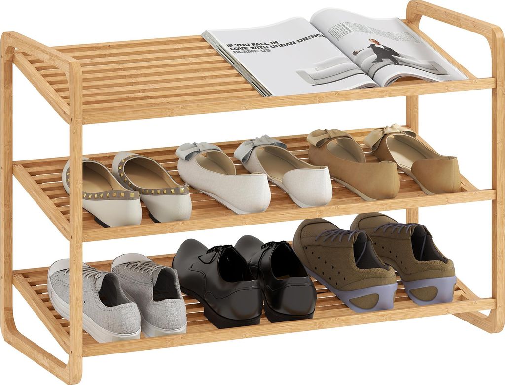 HOMCOM Étagère à chaussures en bambou à 3 niveaux, Image du produit 