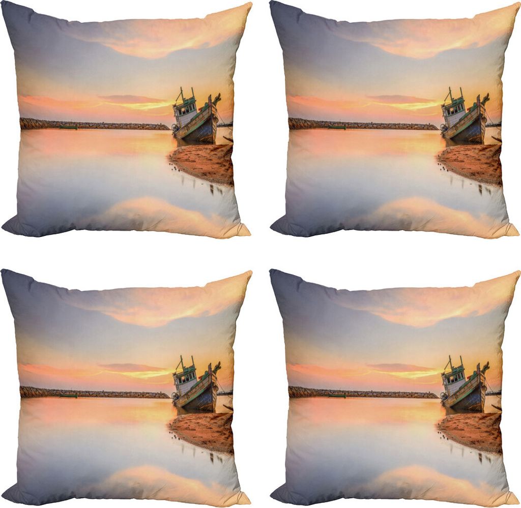 ABAKUHAUS Nautisch Kissenbezug Set (4 Stück), Boot am Strand Abenddämmerung, Moderner Doppelseitiger Digitaldruck, 60 cm x 60 cm, blau Peach