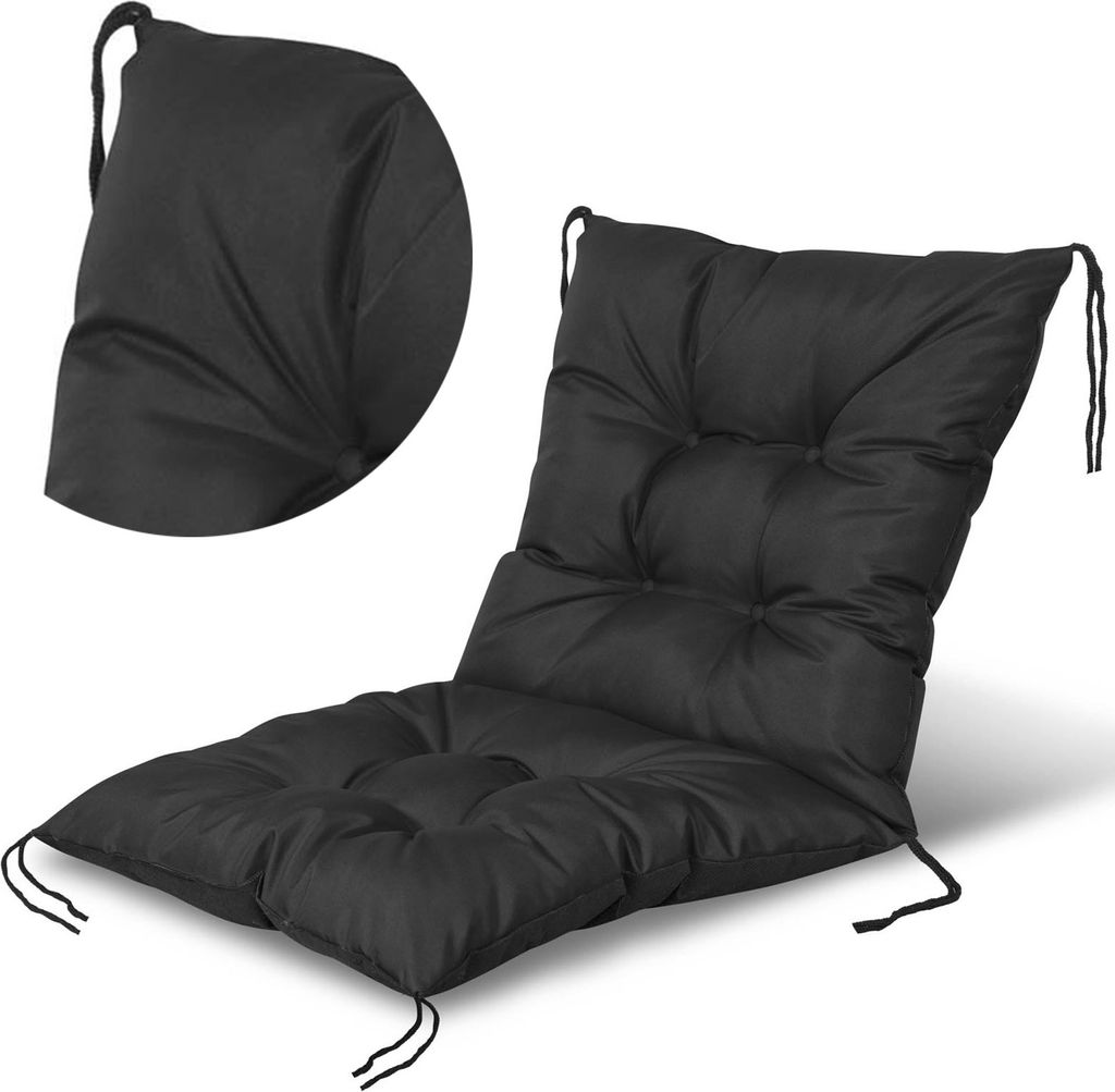 A black chair cushion is shown on a white background. A close-up of the top corner of the cushion is shown in the upper left corner.