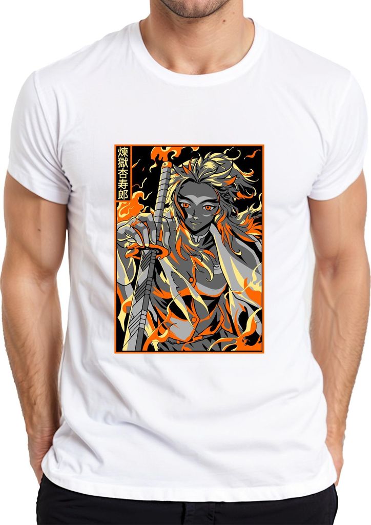 Demon Slayer Rengoku Flammen Schwert Anime Geschenk Vintage Herren T-Shirt, Weiß, L