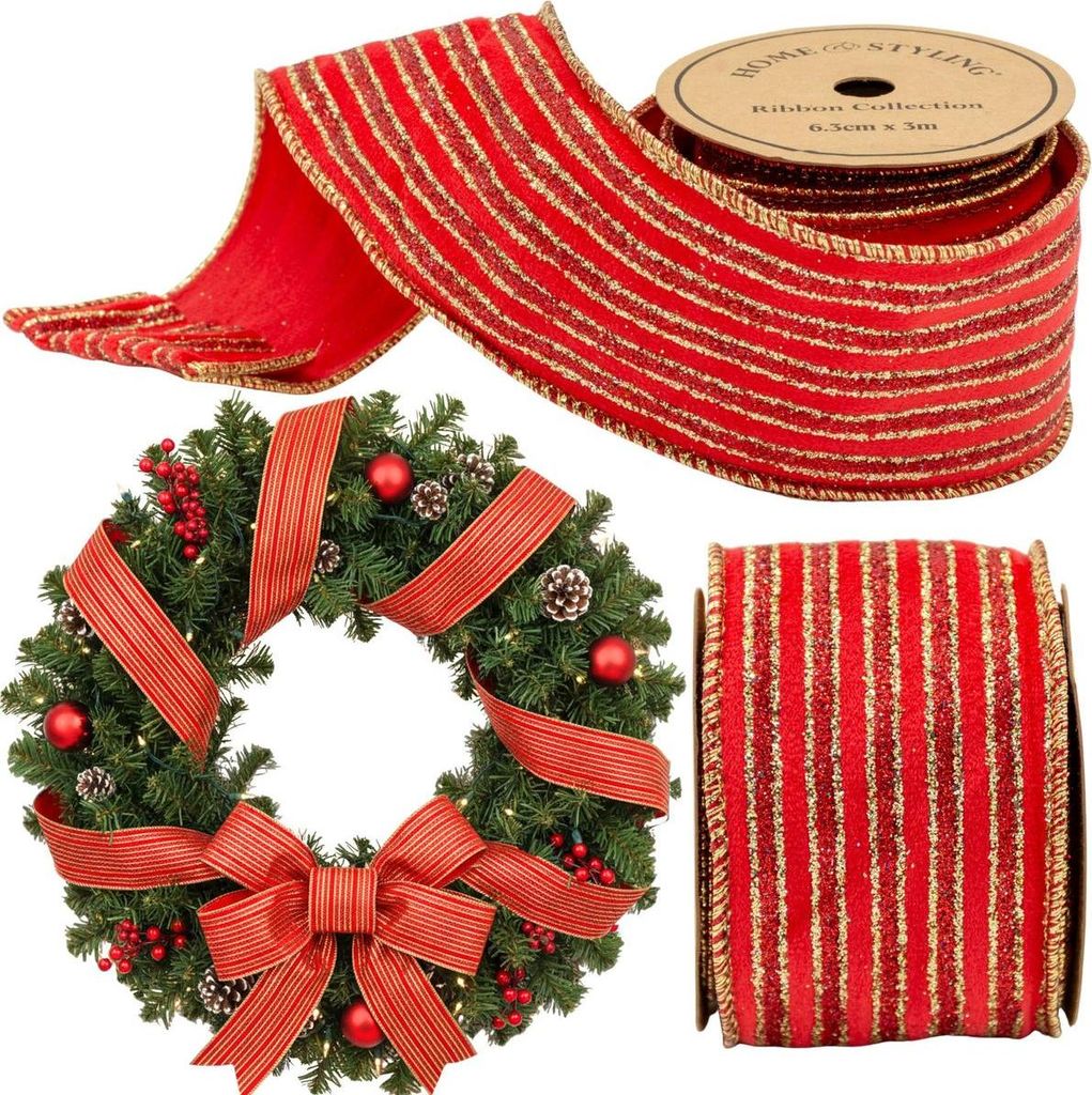 Rote Geschenkband-Schleife 6,3 cm × 3 m – Dekoband mit goldenen Streifen