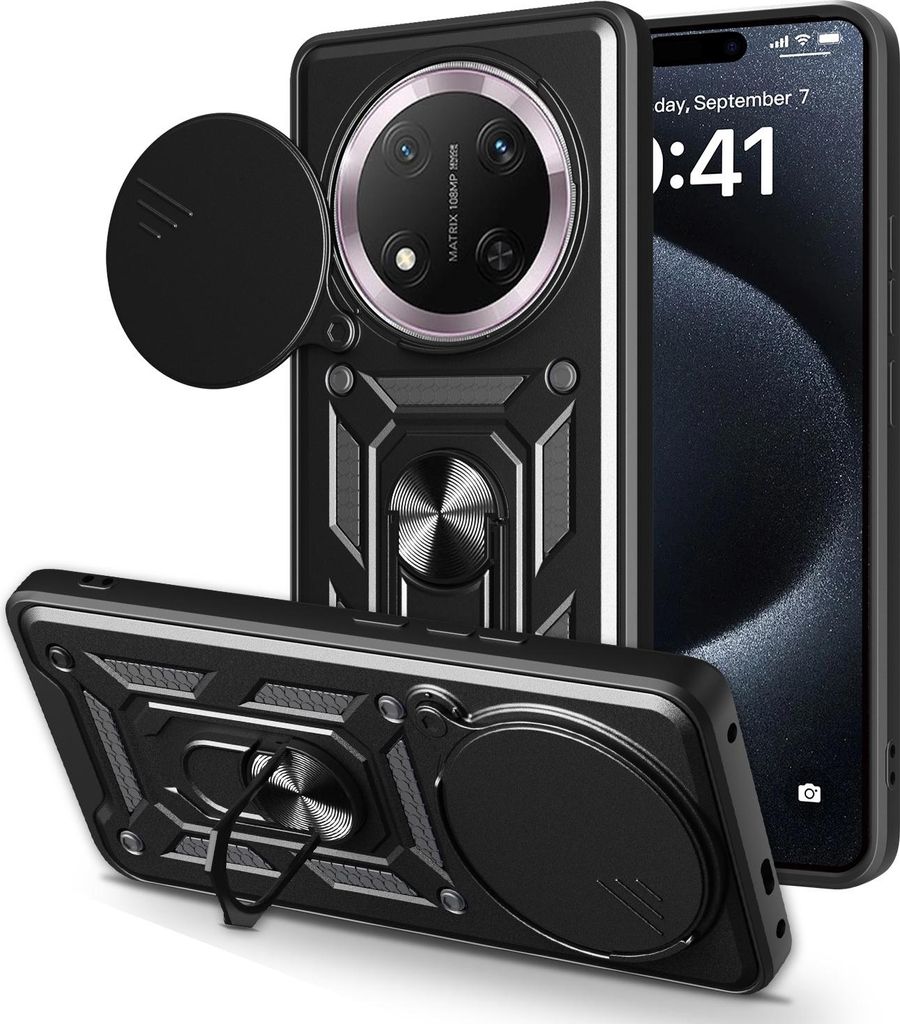 Für Honor Magic 7 Lite / X9c Sliding Kamera TPU Hybrid Schutz Hülle Ring Schwarz